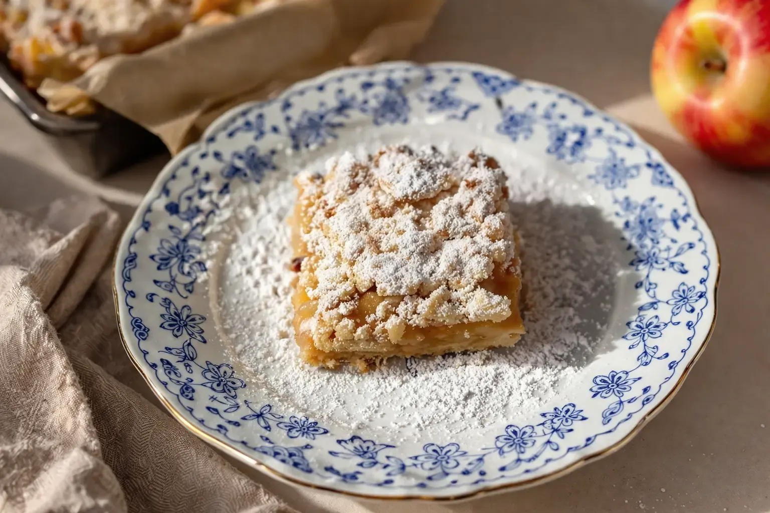 Jablecznik z pdowójna kruszonka na talerzu apetyczny posypany cukrem pudrem