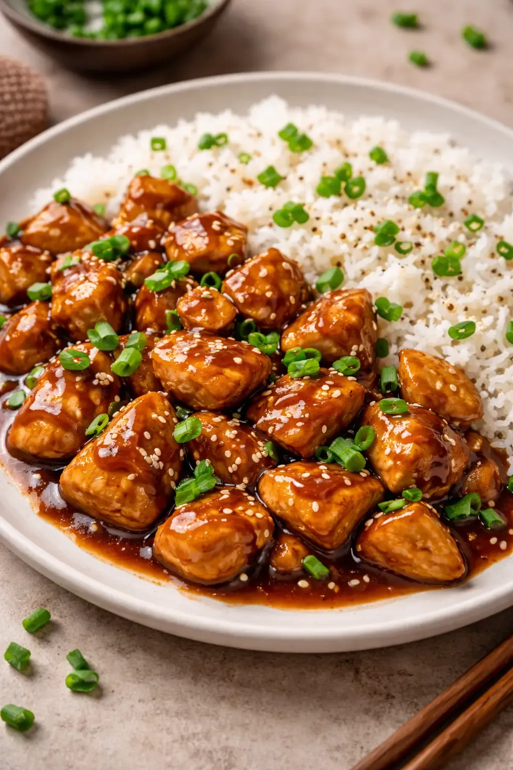 Apetycxzny kurczak w sosie teriyaki podany z ryzem posypany szczypiorkiem