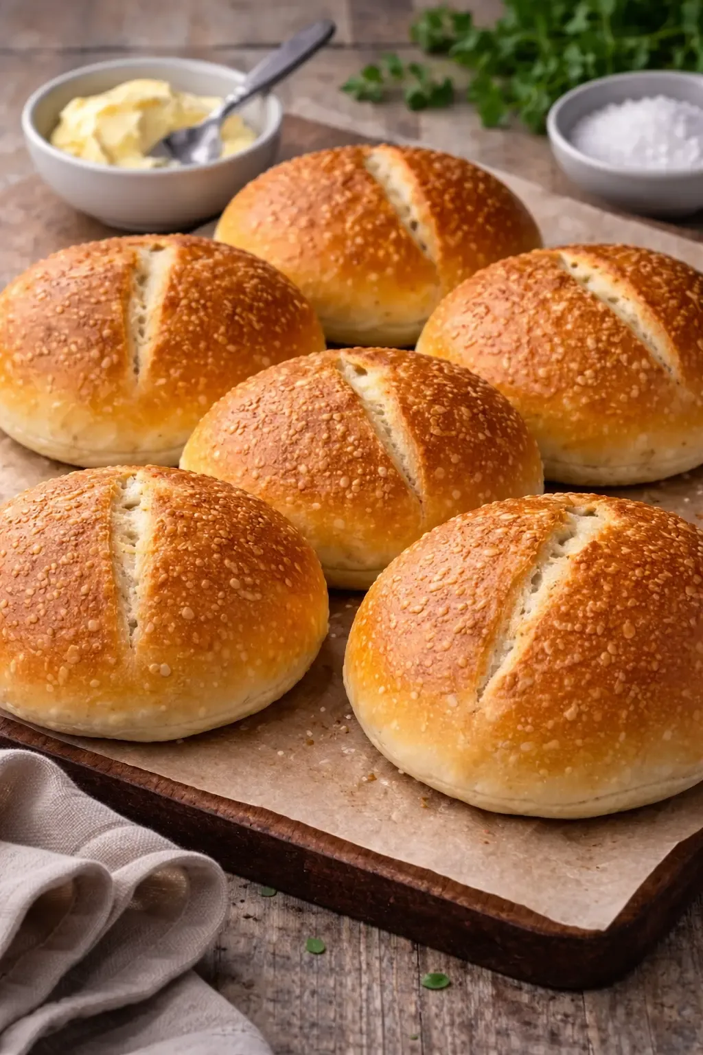 Chrupiące bulki nocne z złocistą skórką na lnianej ściereczce