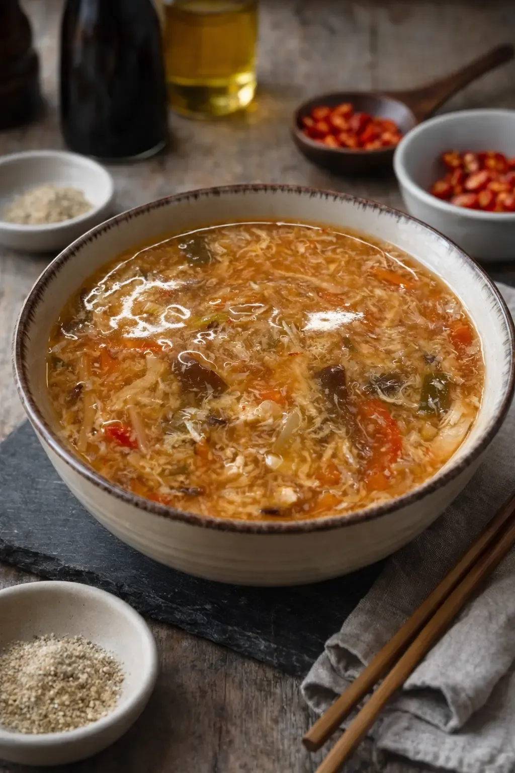 Domowa zupa chińska z makaronem i warzywami w miseczce