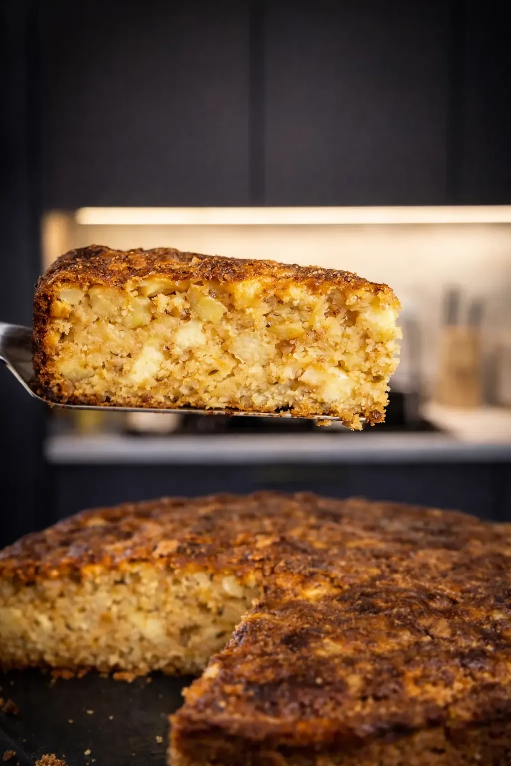 Najprostszy jabłecznik na świecie kawalek ciasta wyciety i podniesiony nad ciastko wyglada mega wilgotnie i pysznie