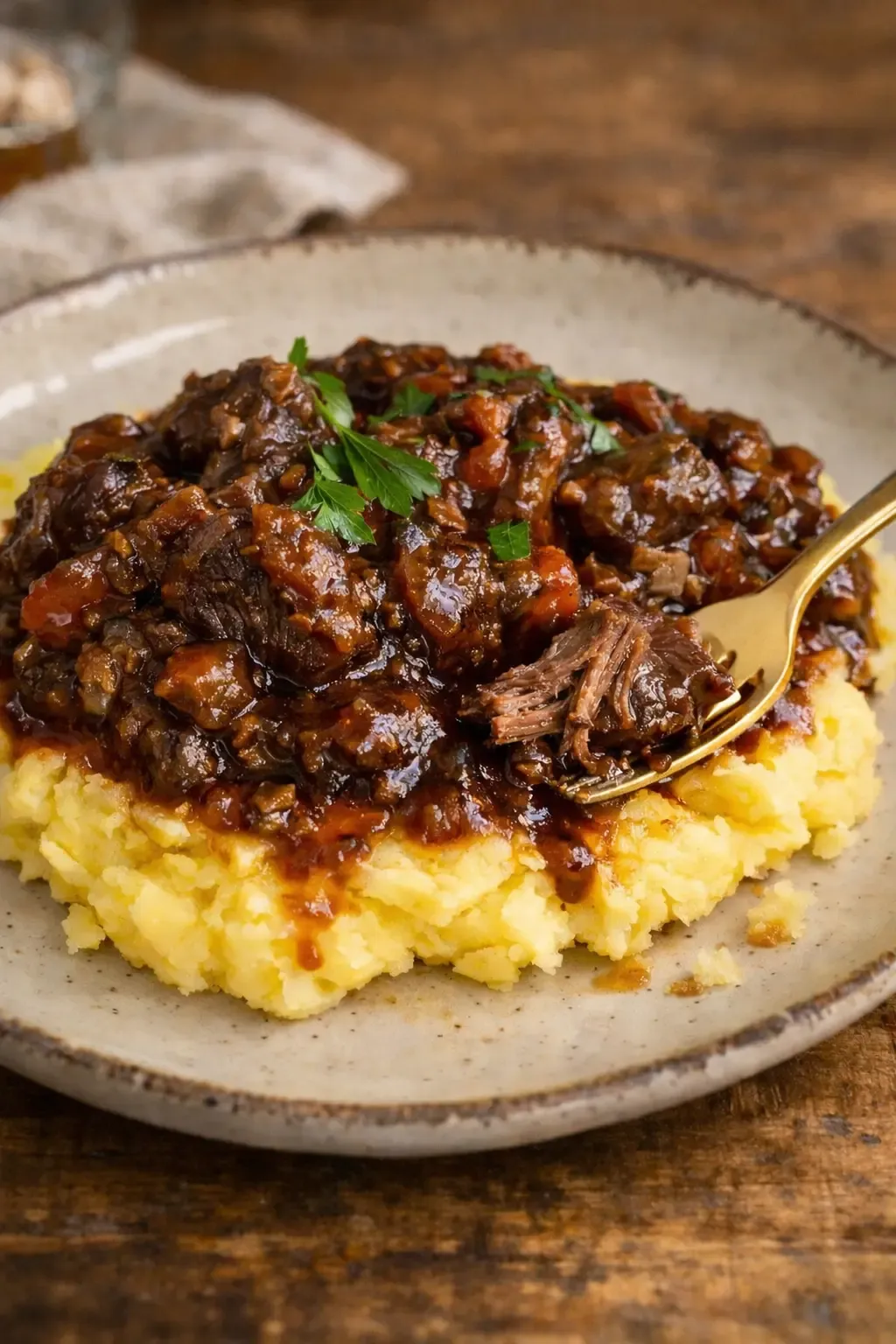 Wołowina po burgundzku w sosie winnym z marchewką i boczkiem, podana na talerzu